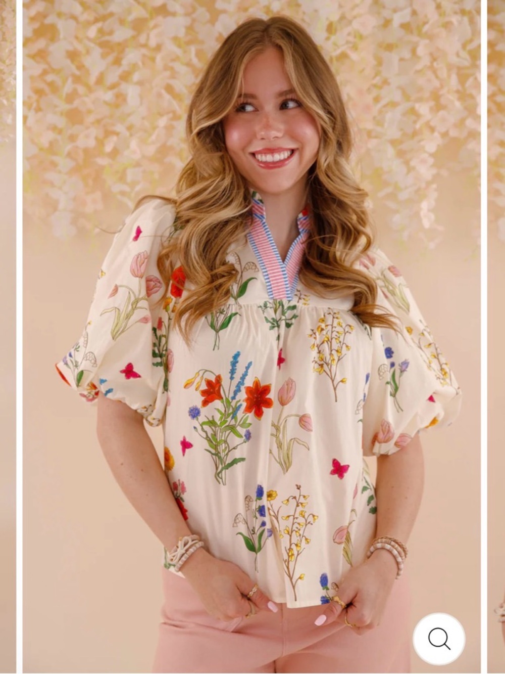 THML Cream Floral Puff-Sleeve Peasant Blouse NWT